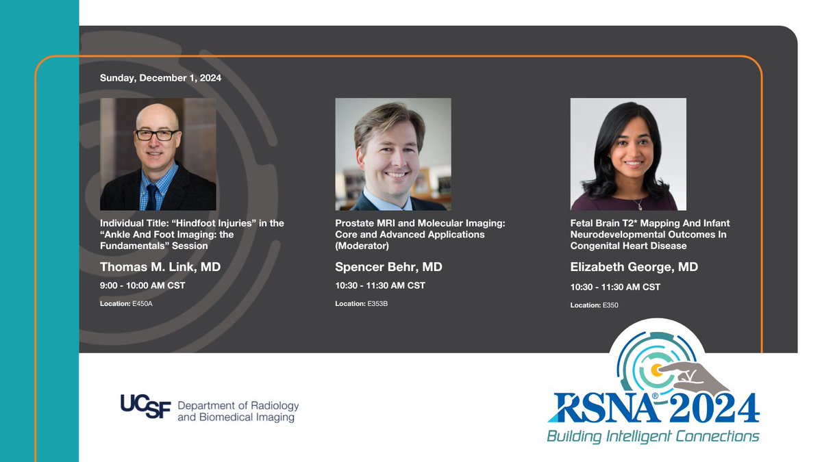 Good morning, #RSNA24! We're excited to be back &amp; starting strong, <a href="/UCSFimaging/">UCSF Imaging</a>'s Drs. <a href="/ThomasMLink1/">Thomas M. Link</a>, Spencer Behr &amp; <a href="/LizzRad/">Dr. Elizabeth George</a> will be leading multiple discussions this morning. Check out what they'll be covering ⬇️ <a href="/RSNA/">RSNA</a>