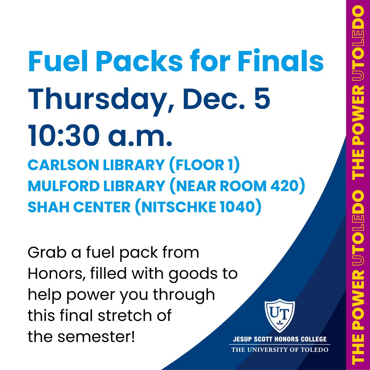 Need a little boost? Grab a FREE Fuel Pack courtesy of <a href="/UTHonors/">UToledo Honors College</a> on Thursday, December 5th at 10:30 AM outside of room 420 on the fourth floor of Mulford Library!