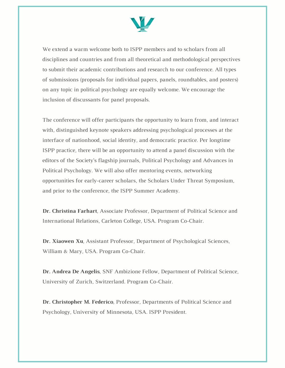 Just ONE WEEK LEFT to submit for #ISPP's 48th Annual Meeting in Prague!

🗓️ When: July 3-6, 2025
📍 Where: Prague, Czech Republic
📑 Deadline to submit: December 8, 2024

Showcase your research in Political Psychology and connect with global scholars.

🔗 ispp.eventsair.com/ispp-2025-annu…