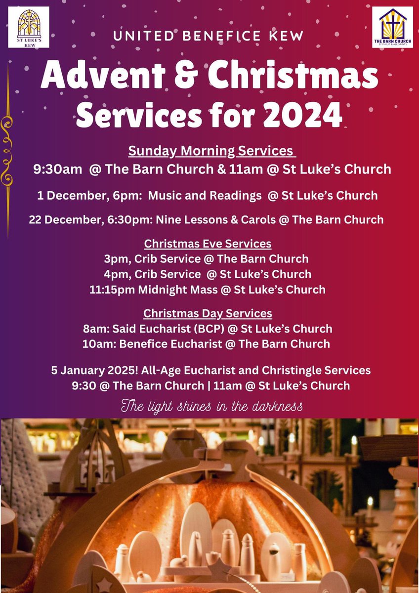 Music and Readings for Advent at St Luke’s tonight at 6pm. 
Candlelight!
Music! 
Poetry!
(And mince pies afterwards)
