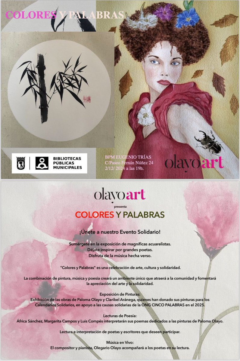 CINCO PALABRAS 🖐🏾 (@5palabras5) on Twitter photo OLAYOART presenta COLORES Y PALABRAS en la Biblioteca Eugenio Trías <a href="/bpmmadrid/">Bibliotecas Ayuntamiento de Madrid</a>
¡Únete a nuestro Evento Solidario!
🗓️Lunes 2/12/24
🕕 19h.
📍C/Paseo Fernán Núñez 24
Madrid
“Colores y Palabras” es una celebración de arte, cultura y solidaridad.
<a href="/MarMarolayo/">Mar Olayo</a> <a href="/GraciaOlayo/">Gracia Olayo</a> OLAYOART presenta COLORES Y PALABRAS en la Biblioteca Eugenio Trías <a href="/bpmmadrid/">Bibliotecas Ayuntamiento de Madrid</a>
¡Únete a nuestro Evento Solidario!
🗓️Lunes 2/12/24
🕕 19h.
📍C/Paseo Fernán Núñez 24
Madrid
“Colores y Palabras” es una celebración de arte, cultura y solidaridad.
<a href="/MarMarolayo/">Mar Olayo</a> <a href="/GraciaOlayo/">Gracia Olayo</a>