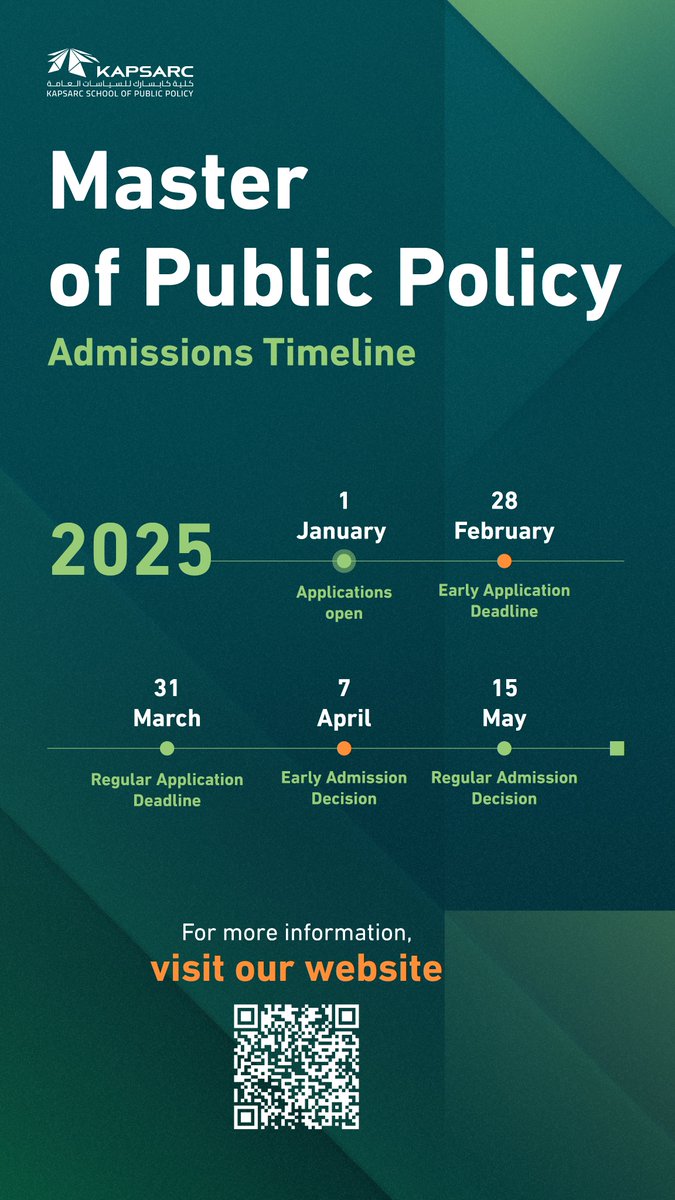 KAPSARC_SPP's tweet image. Applications for our Master of Public Policy program open soon. 

Visit our website to learn more about our programs and view admission requirements: kspp.edu.sa

#KSPP

سيُفتح باب التسجيل في برنامج ماجستير السياسات العامة قريبًا. 

زوروا موقعنا الإلكتروني لمعرفة…