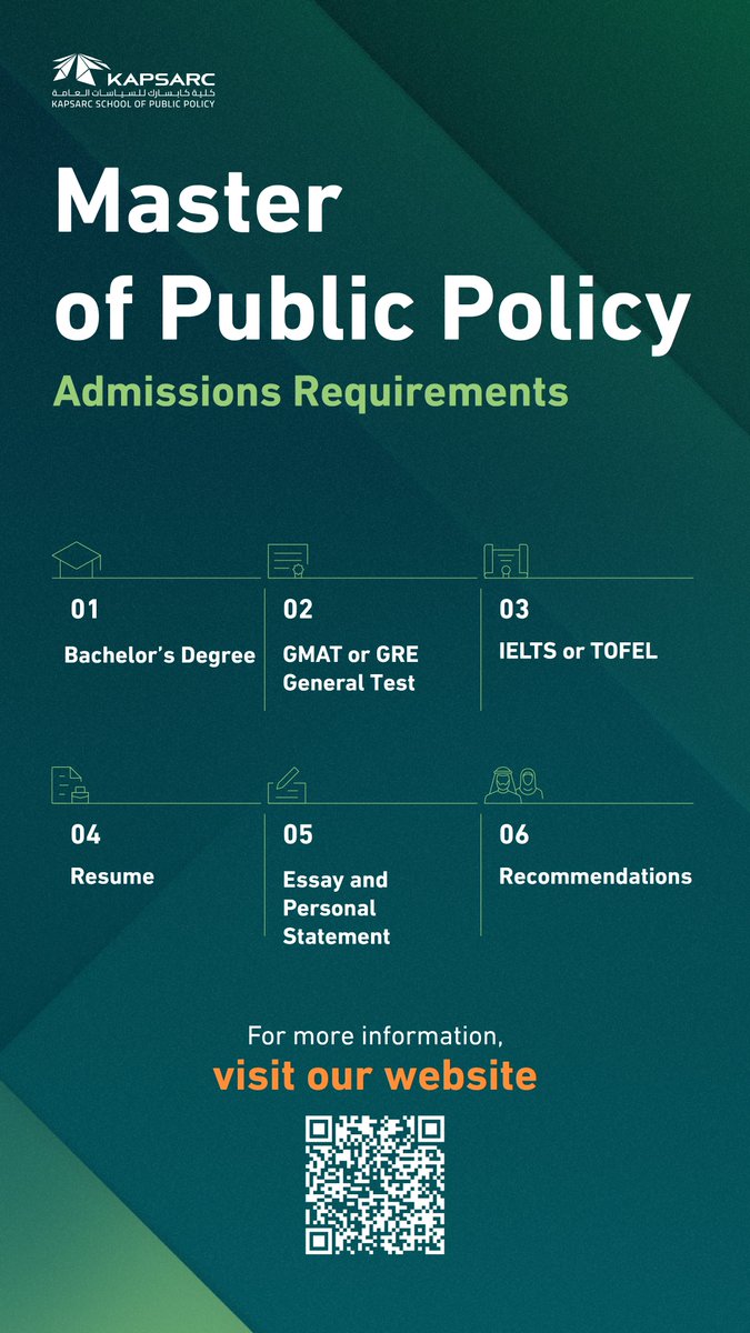 KAPSARC_SPP's tweet image. Applications for our Master of Public Policy program open soon. 

Visit our website to learn more about our programs and view admission requirements: kspp.edu.sa

#KSPP

سيُفتح باب التسجيل في برنامج ماجستير السياسات العامة قريبًا. 

زوروا موقعنا الإلكتروني لمعرفة…
