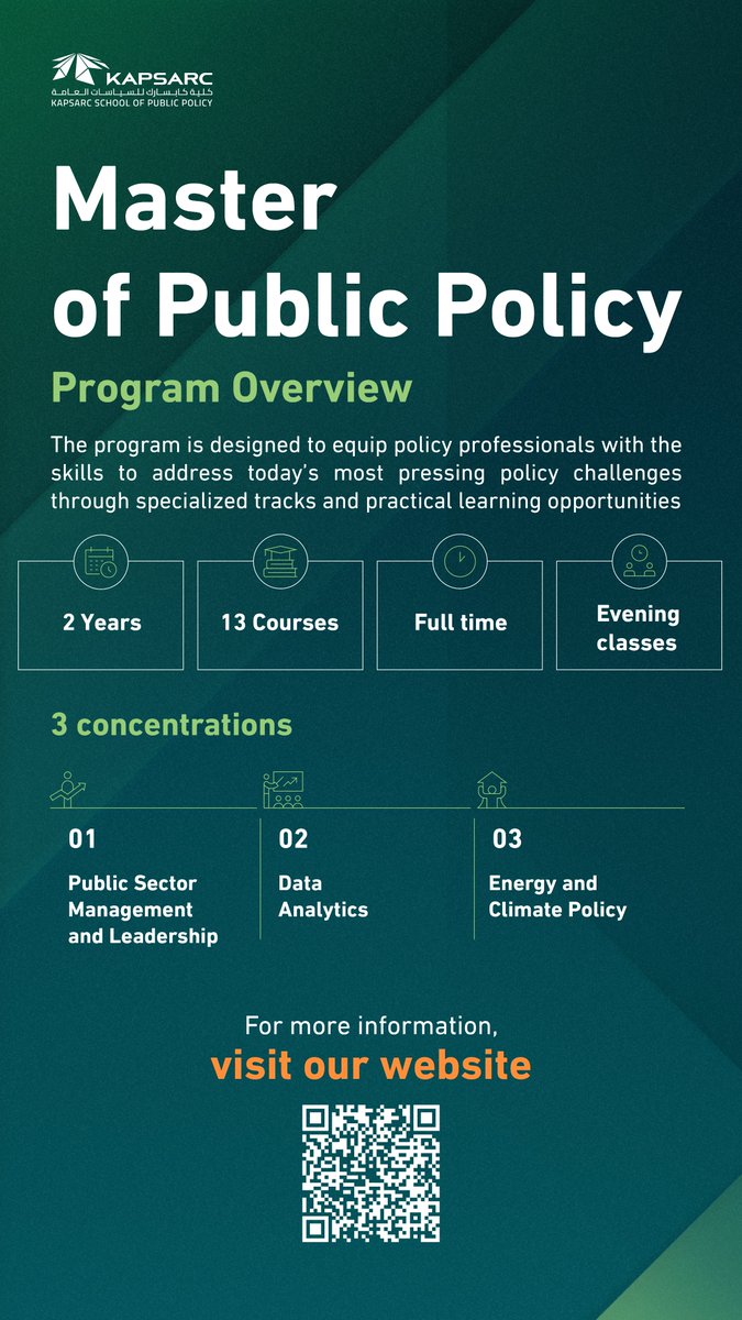 KAPSARC_SPP's tweet image. Applications for our Master of Public Policy program open soon. 

Visit our website to learn more about our programs and view admission requirements: kspp.edu.sa

#KSPP

سيُفتح باب التسجيل في برنامج ماجستير السياسات العامة قريبًا. 

زوروا موقعنا الإلكتروني لمعرفة…