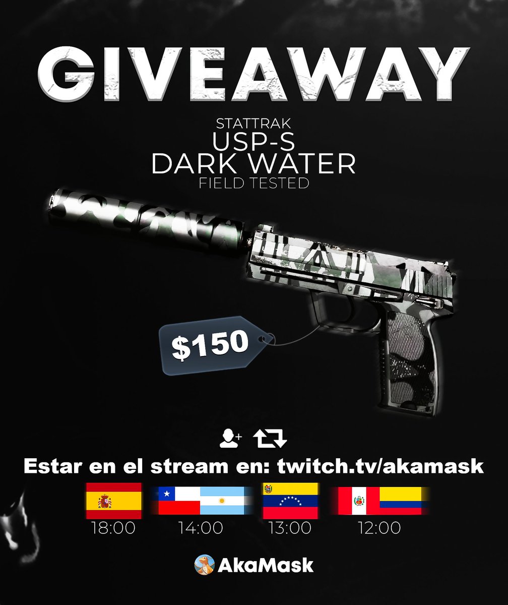 🎁SORTEO USP DARK WATER

💰+$150

Requisitos:
✅Follow &amp; RT
✅Estar hoy en el stream twtv / akamask

GL❤️