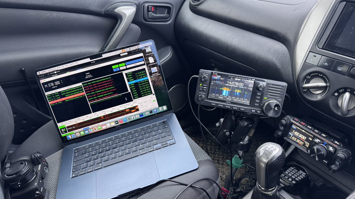 M0IAX's tweet image. Out in the car for an hour or so on #JS8Call. A bit windy and now raining, but that’s normal :-) using @Icom_UK #IC705 MacBook Air and @M1eccAntennas Slidewinder coil