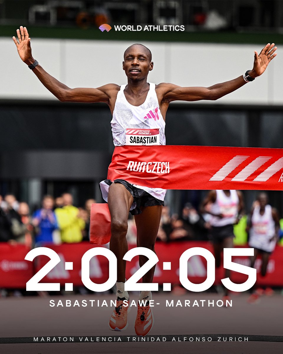 WorldAthletics's tweet image. Fastest marathon of the year 👀 

🇰🇪's Sabastian Sawe rules the @maratonvalencia with 2:02:05 🔥 

He moves up to 5th on the marathon all-time list 👏