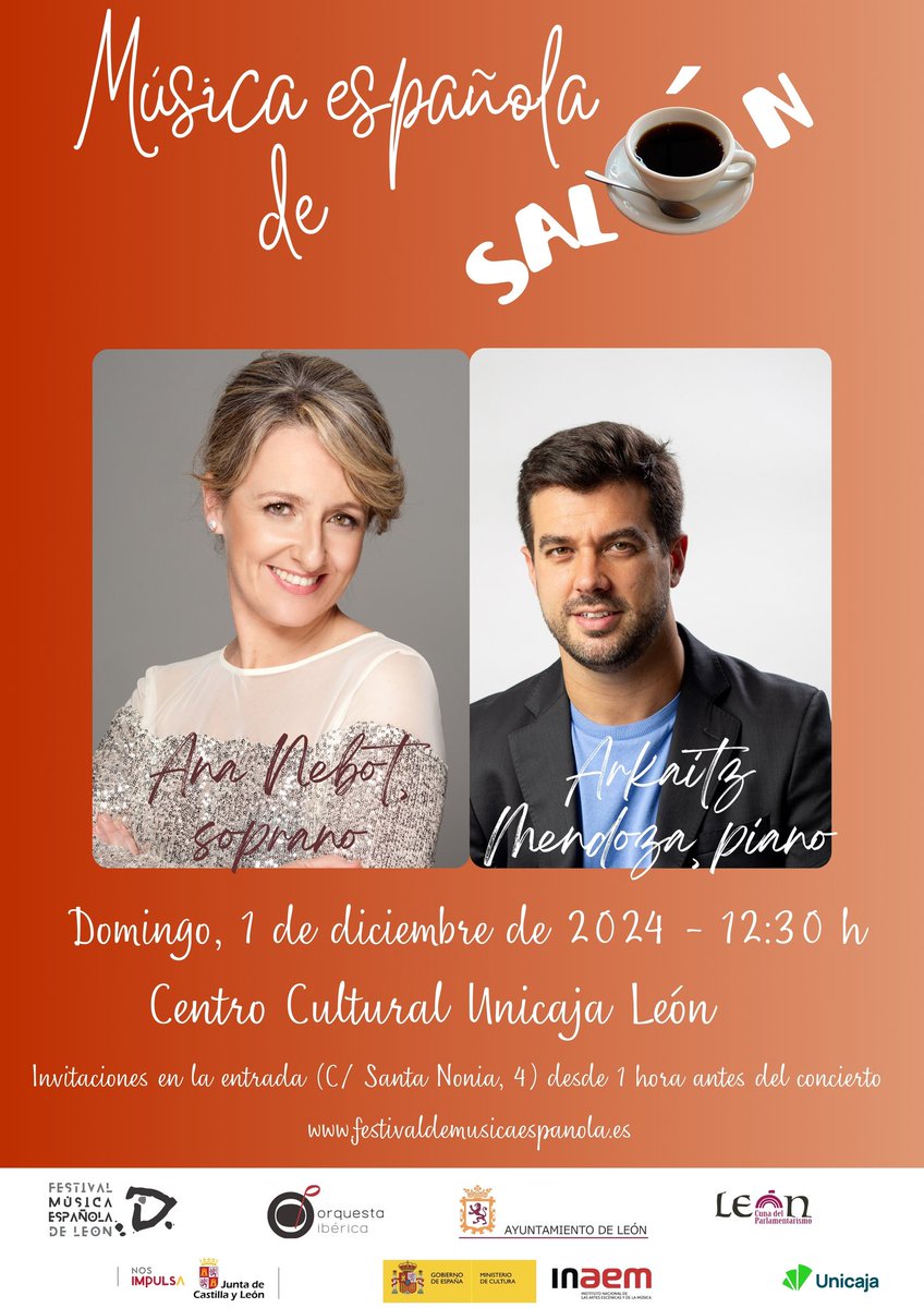Plan para hoy domingo a las 12:30h en el Centro Cultural Unicaja de León: recital de la soprano Ana Nebot y el pianista Arkaitz Mendoza. Canción española e iberoamericana y zarzuela. Entrada gratuita hasta completar aforo. Invitaciones desde 1 h antes. 
festivaldemusicaespanola.es/ananebot-arkai…