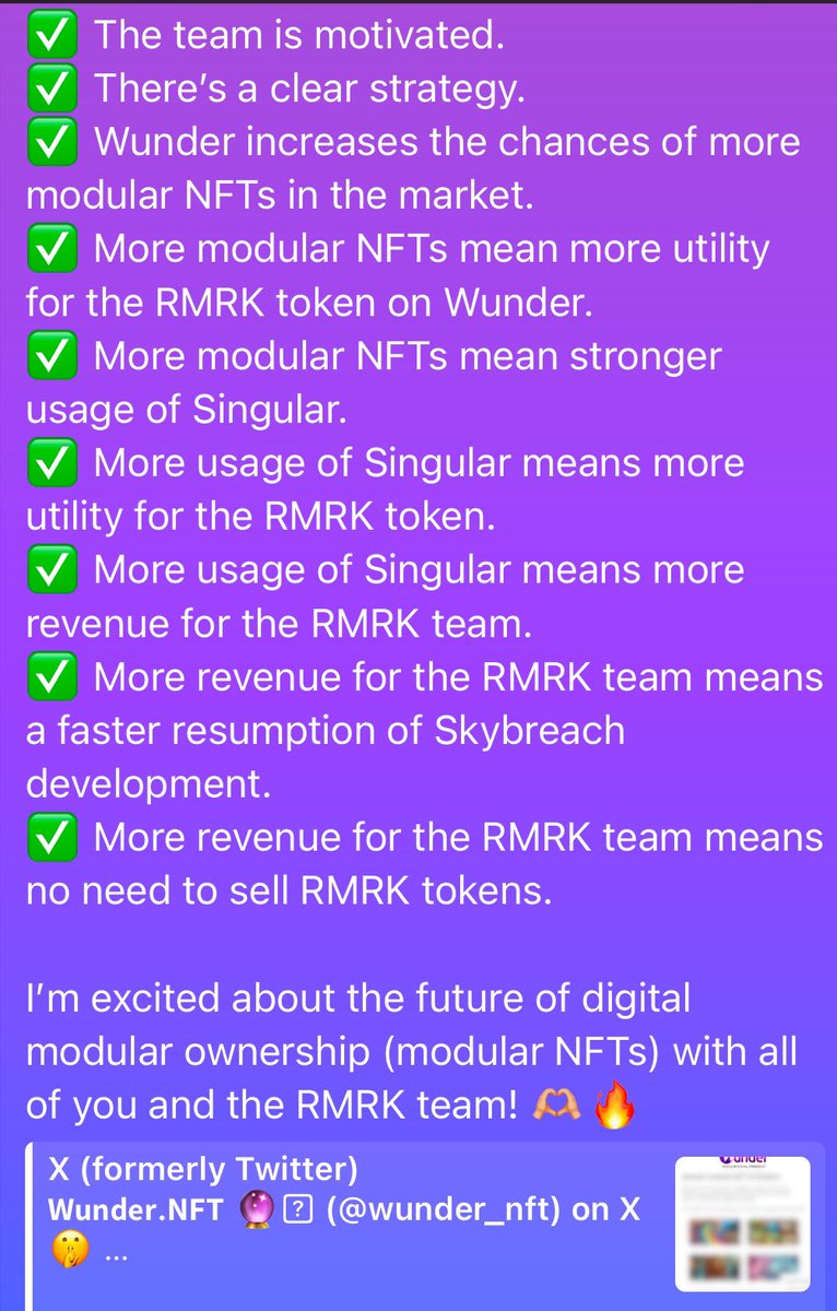 It makes so much sense that modular NFTs will be much easier to create. The entire process will even be entertaining. 🧑🏽‍💻🦸

Stay tuned to see what #Wunder and #RMRK are working on together 🤩