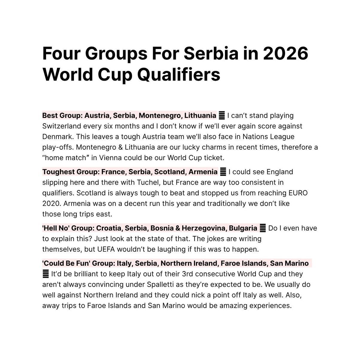 MarkovicNeb's tweet image. December's here, so this month we'll get to see the draw for the 2026 World Cup European qualifiers.
Here are some of my ideas no one asked for, of different groups Serbia could get:
1. 🇦🇹🇷🇸🇲🇪🇱🇹
2. 🇫🇷🇷🇸🏴🇦🇲
3. 🇭🇷🇷🇸🇧🇦🇧🇬
4. 🇮🇹🇷🇸(🇬🇧)🇫🇴🇸🇲