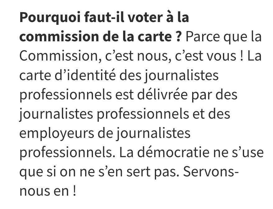 SNJ_national's tweet photo. [ELECTIONS CARTE DE PRESSE] 
⚠️ ⚠️ ⚠️ 
JOURNALISTES, vous n'avez plus que quelques jours pour élire vos représentants à la Commission de la carte 
🗳 🪪 
VOTEZ pour les candidates et candidats du @SNJ_national ⬇️ 
https://t.co/arVOpg5Q06 

🖊💻🎙📸🗞 
https://t.co/o8ivqtsXrr https://t.co/CTcxNcc34P
