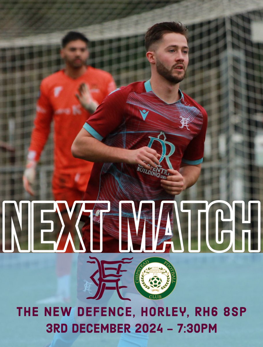 HorleyTownFC's tweet photo. NEXT UP ⏭️

Tuesday night we look to get back on track as we host @chipsteadfcsurr in our second league meeting of the season.

🗓️3/12/24
📍The New Defence RH6 8SP
⏰7:30 pm KO
🎟️£8/£4/U16Free 
📖Printed Programmes 
🍔🍻Food &amp; Drink

Come and support your local club!

#HTFC🟣🔵 https://t.co/pRqUjdEqby