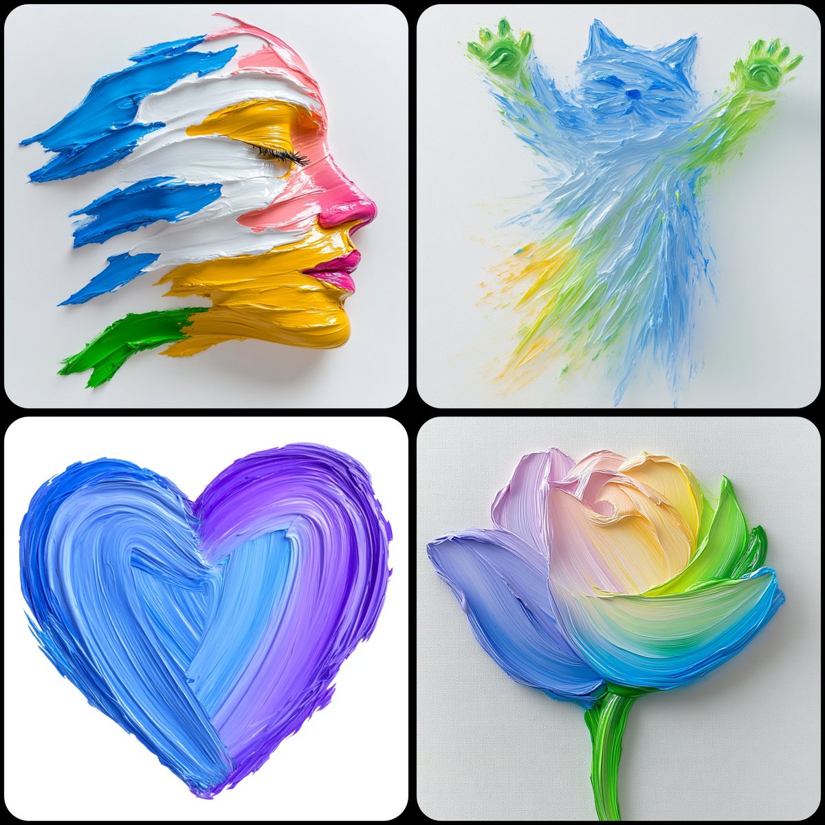 umesh_ai's tweet image. ✨ Prompt Share ✨ 

Prompt : colorful thick paint splashes forming abstract minimalist shape of a [PROMPT] , aesthetically pleasing vivid and vibrant colors, clean, pristine, liquid paint, white background --personalize cvlos9g --stylize 800 --v 6.1