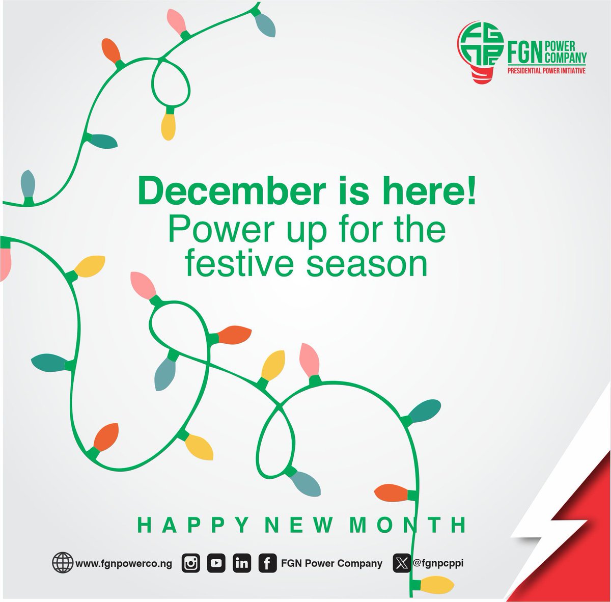 fgnpcppi's tweet photo. Welcome to December! Let’s make this month a bright one. Remember, small steps can lead to big energy savings.

#happynewmonth #NigeriaPPI #FGNPC #PPI #poweringprogress #poweringnigeria #modernizingthegrid https://t.co/YTMBJilKoy