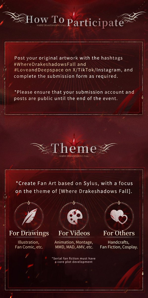 Love_Deepspace's tweet image. Love and Deepspace | Where Drakeshadows Fall Fan Art Contest
In the crimson abyss, write the legend of the dragon with him.

Fan Art Contest [Where Drakeshadows Fall] Starts Now!

■ Event Duration
💫Contest Duration: Dec. 2, 2024 - Jan. 6, 2025
💫Submission Review: Jan. 7 - Jan.…