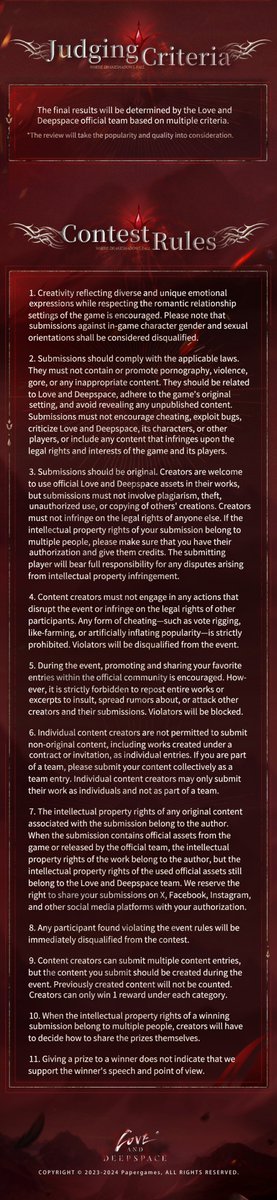 Love_Deepspace's tweet image. Love and Deepspace | Where Drakeshadows Fall Fan Art Contest
In the crimson abyss, write the legend of the dragon with him.

Fan Art Contest [Where Drakeshadows Fall] Starts Now!

■ Event Duration
💫Contest Duration: Dec. 2, 2024 - Jan. 6, 2025
💫Submission Review: Jan. 7 - Jan.…