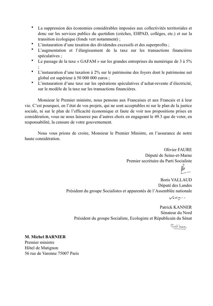 Patrick Kanner (@patrickkanner) on Twitter photo M. le Premier ministre, il est manifestement devenu plus convenable de parler avec l’extrême droite qu’avec la gauche.
À aucun moment vous n’avez donné suite à nos propositions.
Nous ne pouvons nous résoudre à cela.
Notre courrier avec <a href="/faureolivier/">Olivier Faure</a> et <a href="/BorisVallaud/">Boris VALLAUD</a> ⤵️ M. le Premier ministre, il est manifestement devenu plus convenable de parler avec l’extrême droite qu’avec la gauche.
À aucun moment vous n’avez donné suite à nos propositions.
Nous ne pouvons nous résoudre à cela.
Notre courrier avec <a href="/faureolivier/">Olivier Faure</a> et <a href="/BorisVallaud/">Boris VALLAUD</a> ⤵️