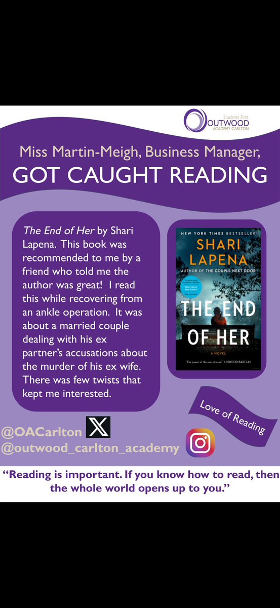 OACarlton's tweet photo. This week, staff 'Got Caught Reading', again, to promote a #LoveofReadingĀ
Miss Martin-Meigh, Business Manager, is a #LifeLongReaderĀ
Check out what she's reading.... https://t.co/SR7aYQTw0Q