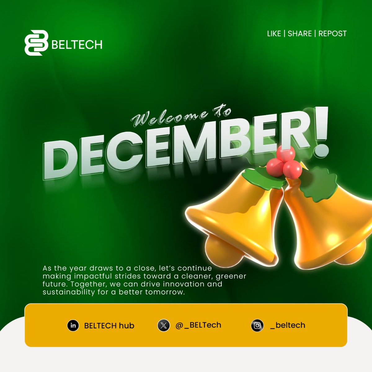 _BELTech's tweet photo. It's the last month in the year 2024!

May this month be the beginning of new achievements, new experiences, and a journey towards greater success.

 Happy New Month!
#Beltech
#NewMonth 
#Sustainability https://t.co/F6FN0MX3GM