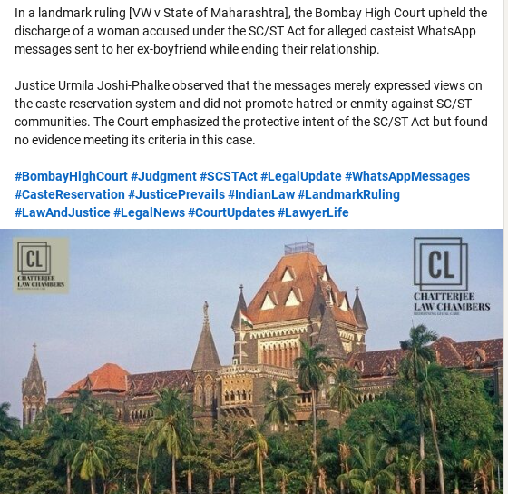 Chatterjee_Law's tweet photo. #BombayHighCourt #Judgment #SCSTAct #LegalUpdate #WhatsAppMessages #CasteReservation #JusticePrevails #IndianLaw #LandmarkRuling #LawAndJustice #LegalNews #CourtUpdates #LawyerLife https://t.co/jkUa912KbM