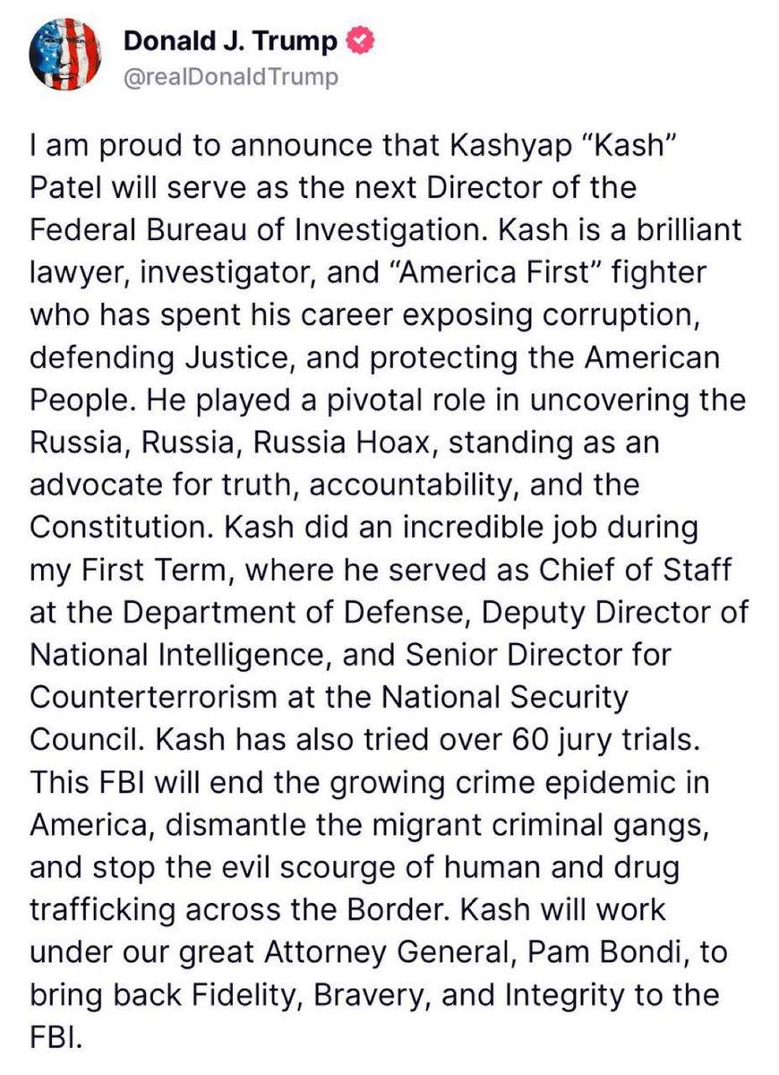 Con_Justice's tweet photo. BREAKING - President Trump officially nominates Kash Patel as the Director of the FBI.

Follow @Con_Justice https://t.co/CK2Y4v8a2s