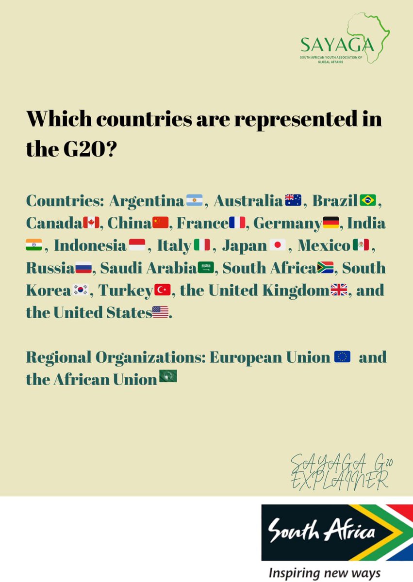 sayagayouth's tweet image. South Africa 🇿🇦 has officially taken over the #G20 presidency! We're the first African country to lead the way! In our upcoming posts, we will be exploring what the #G20 is, its history, and how this new role will impact our country!

 #G20 #G20SouthAfrica #AfricaInTheG20 #SAYAGA