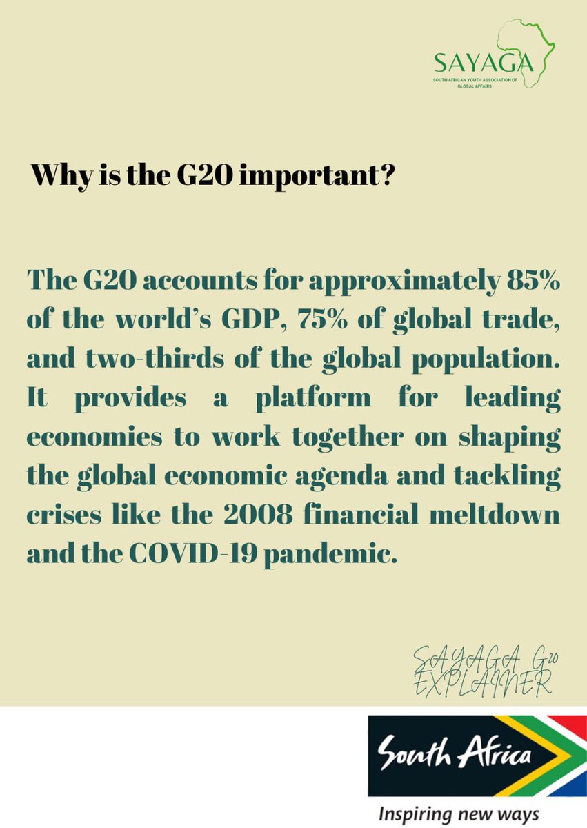 sayagayouth's tweet image. South Africa 🇿🇦 has officially taken over the #G20 presidency! We're the first African country to lead the way! In our upcoming posts, we will be exploring what the #G20 is, its history, and how this new role will impact our country!

 #G20 #G20SouthAfrica #AfricaInTheG20 #SAYAGA