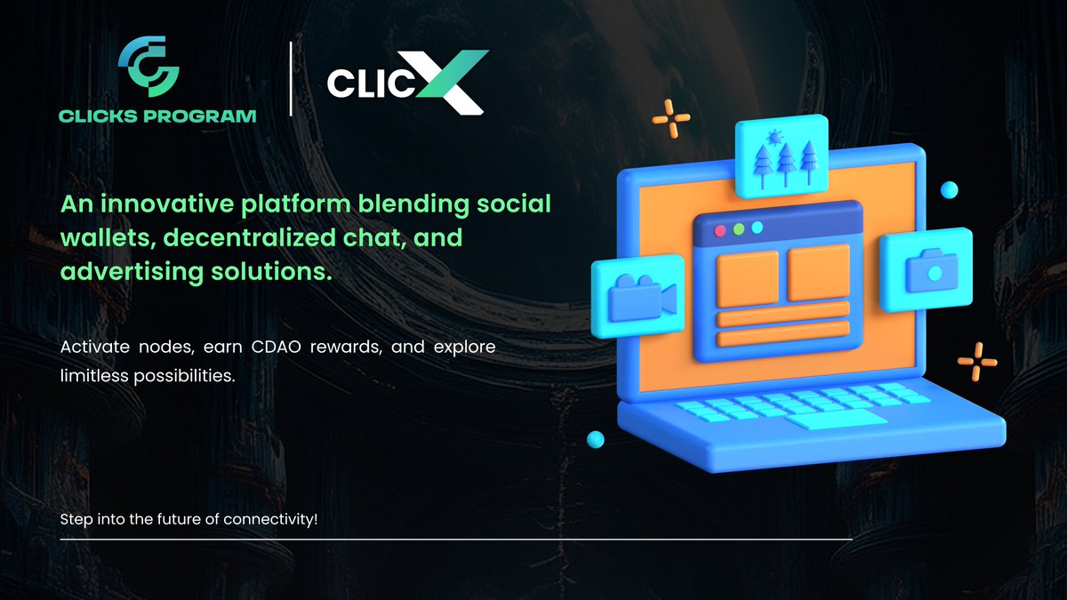 ClicksProgram's tweet image. 🌟 Discover CLICKS X: An innovative platform blending social wallets, decentralized chat, and advertising solutions. 

Activate nodes, earn CDAO rewards, and explore limitless possibilities. 

Step into the future of connectivity! 

#CLICKSX #Innovation #CDAO #Clickstoken #Defi…