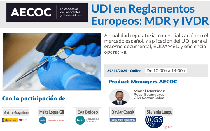 Formación online organizada por Manel Martinez de AECOC sobre UDI para productos sanitarios, con la participación de Eva Beloso de FENIN,  Maria Luz Mayordomo de la AEMPS, Maite Lopez de ANEFP y Xavier Canals de Tecno-med Ingenieros, presentando las
tecnologias-sanitarias.com/?p=37854