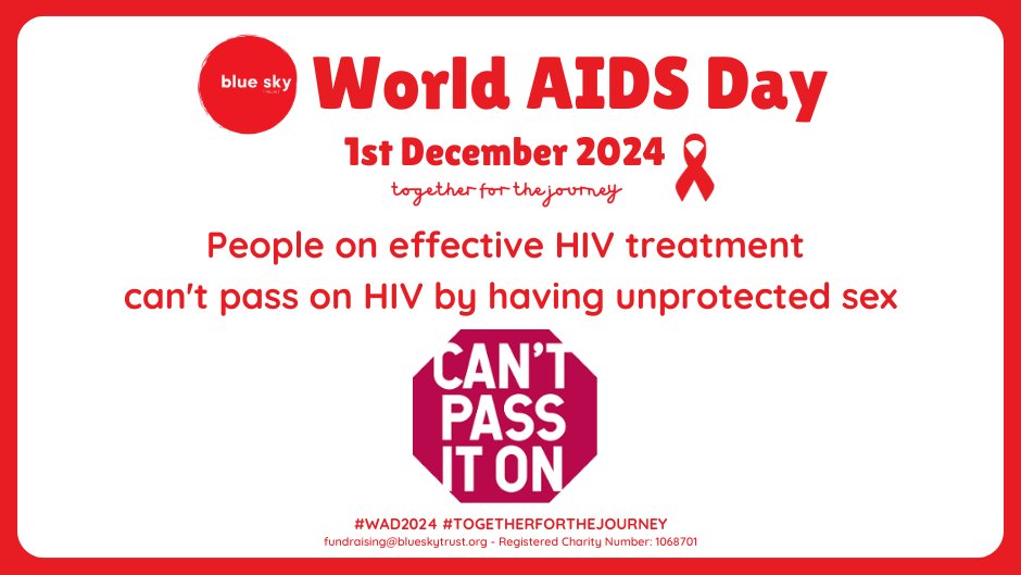 Today is World AIDS Day, did you know that we can now say with confidence, if you are living with HIV and on effective treatment and that you have an undetectable viral load, that you cannot pass on HIV by having unprotected sex 

#WAD2024