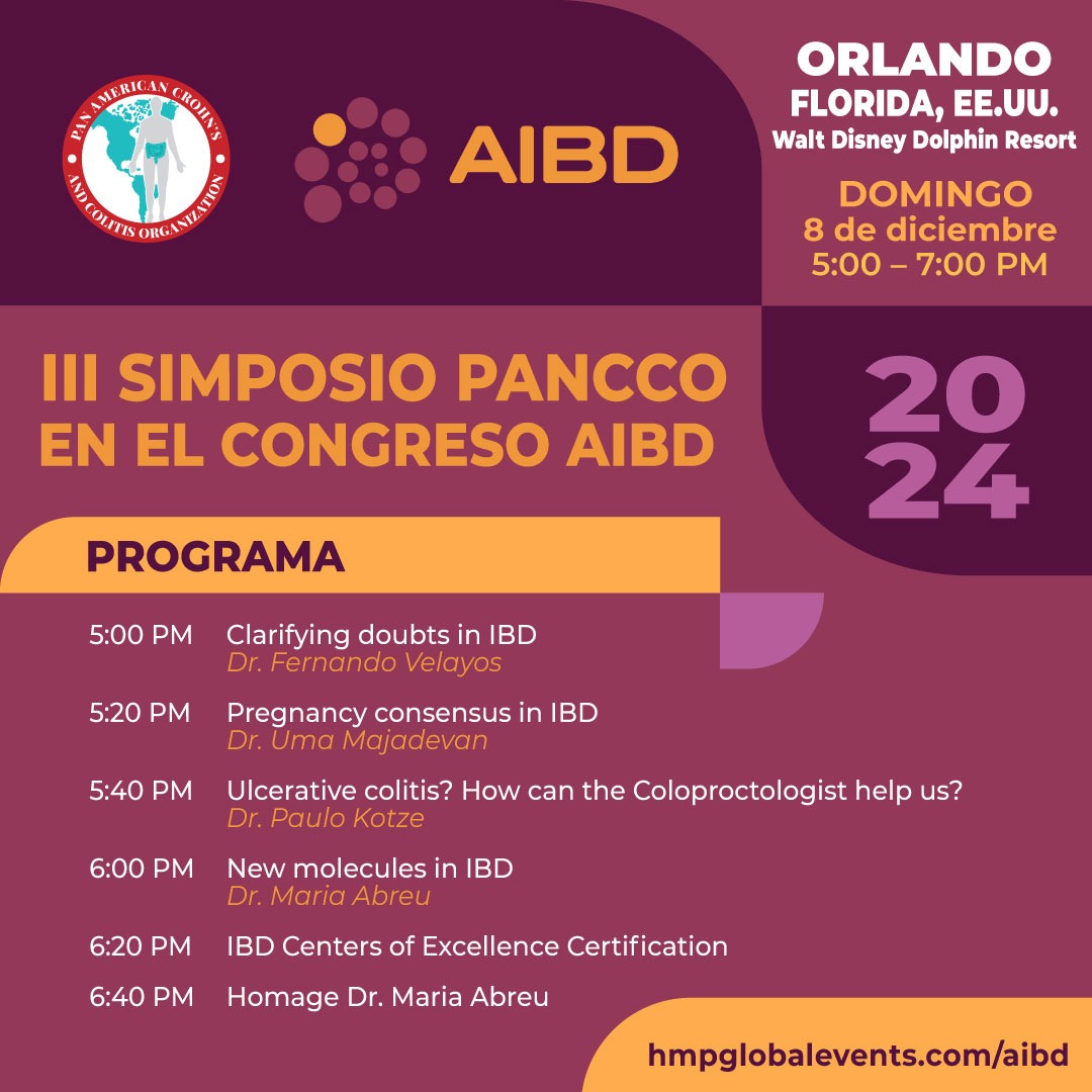 FALTAN 8 DIAS <a href="/pancco_org/">PANCCO</a> tiene el gusto de invitarlos domingo 8 diciembre 5 PM en el marco del <a href="/IBDConference/">@IBDConference</a> con los excelentes conferencistas <a href="/UmaMahadevanIBD/">Uma Mahadevan</a> <a href="/Realcecum/">Fernando Velayos MD MPH</a> <a href="/pakotze/">Paulo G. Kotze</a> y <a href="/ibddocmaria/">Maria T. Abreu</a> a quien rendiremos un homenaje por su brillante trayectoria en el mundo de la EII.