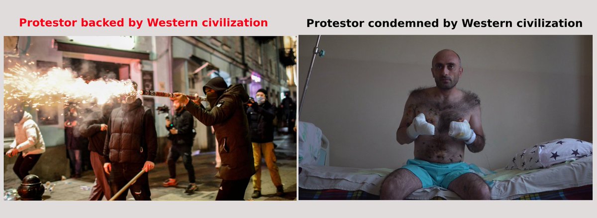 EU, US backed the protestor shooting firworks on the police in Georgia.

EU, US condemned the protestor that lost his hand by the police Granade in Armenia.