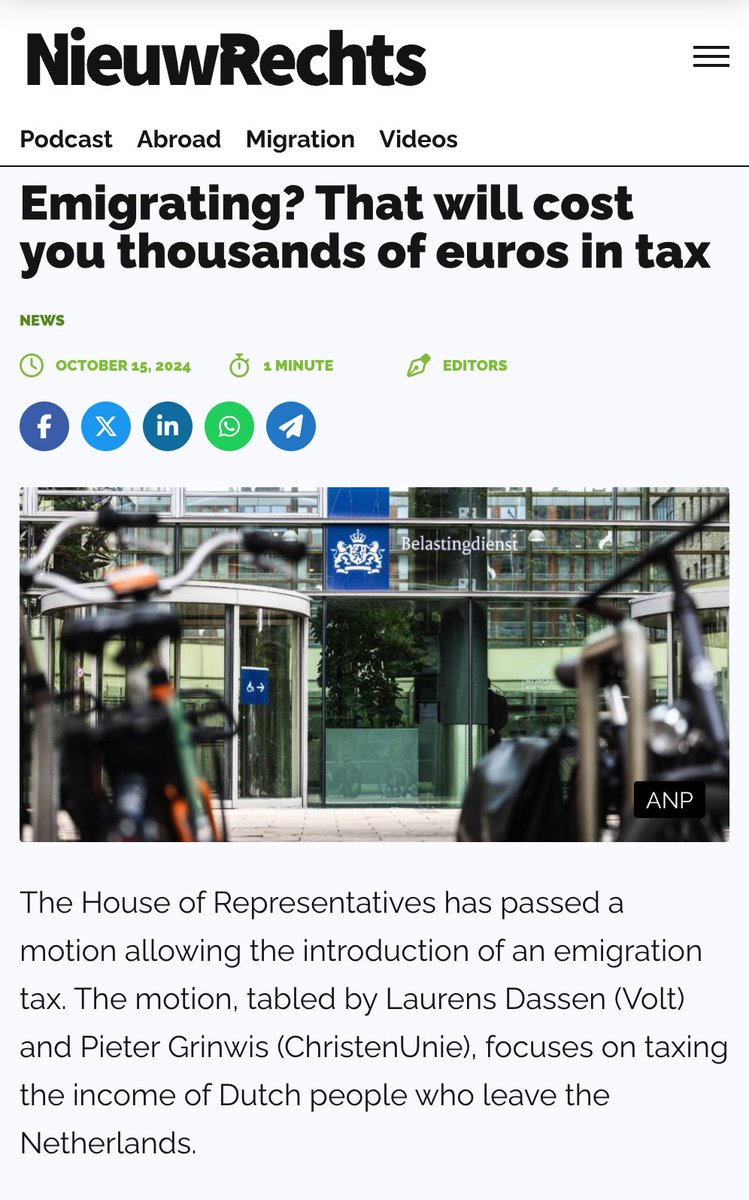 JUST IN: DUTCH EXIT TAX

🇳🇱 The Netherlands proposes a new exit tax for citizens who leave the country

Income (and presumably capital gains) to be taxed for 5 years after leaving the country. Expected into effect in 2025

I've been warning you: they're trying to block the exits