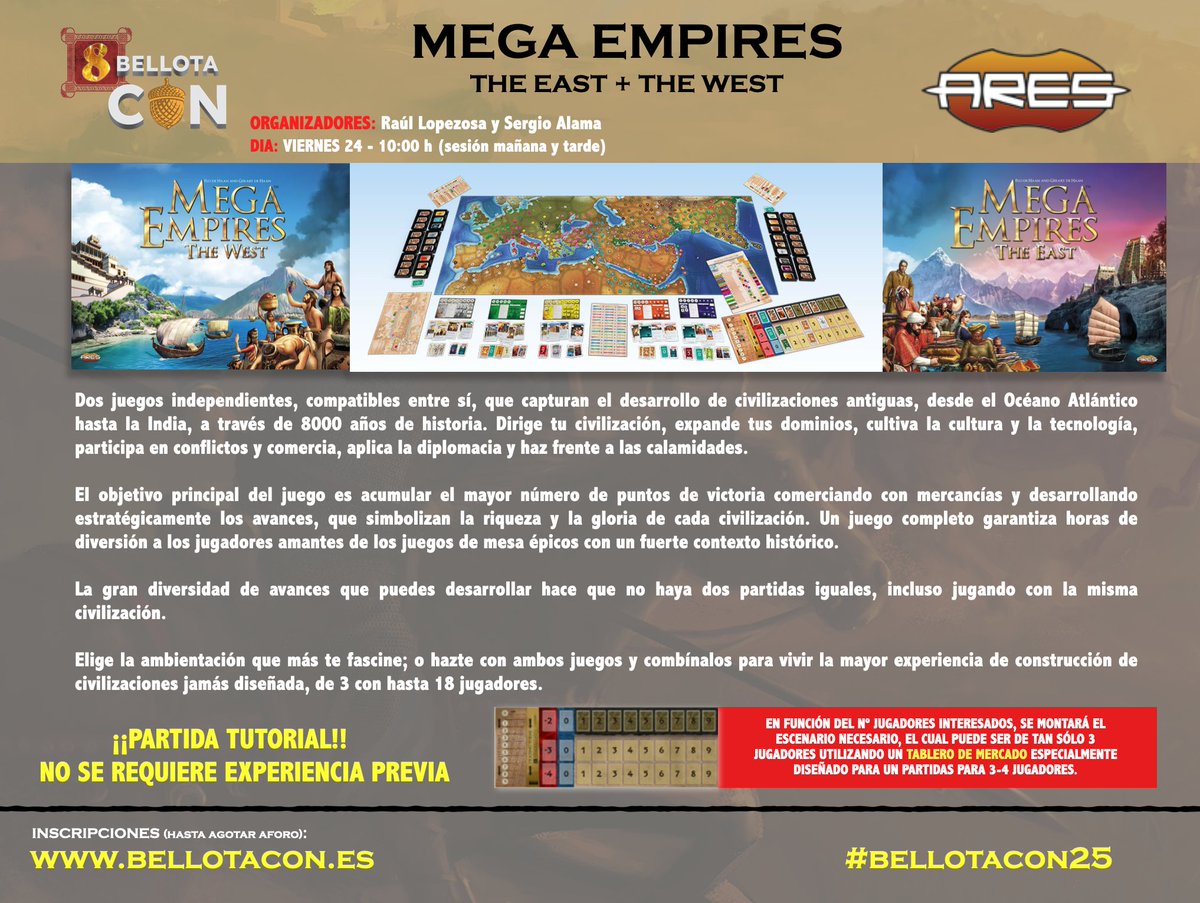WargameReviewer's tweet photo. Sé que muchos lo estaban esperando.Este año volvemos a organizar una partida tutorial a #MegaEmpires de @AresGamesSrl en la que podremos estar hasta 18 jugadores. Durará sesión de mañana y tarde.¿Aún no te has inscrito a las #BellotaCon25 ? INSCRIPCIONES: https://t.co/INDUHX5n1f https://t.co/UZuzIcNbo9