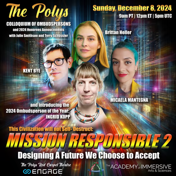 Andy Fidel ✨ (@andyfidel_) on Twitter photo Mission Responsible 2
Sunday, Dec. 8th in <a href="/engage_xr/">ENGAGE XR Holdings PLC</a>
👉 lu.ma/kkzbbd8h
Conversation among leading minds on ethics in the #Metaverse, ft. <a href="/kentbye/">Kent Bye (Voices of VR)</a> <a href="/brittanheller/">Brittan Heller</a> <a href="/whoisgallifrey/">Micaela Mantegna @abogamer.bsky.social</a> <a href="/fromthehip/">Ingrid Kopp</a> <a href="/juliesmithso/">Julie Smithson</a> <a href="/schussler/">Terry xR. Schussler 🔜 IFA 2025</a> <a href="/powersimple/">Ben Erwin</a> Mission Responsible 2
Sunday, Dec. 8th in <a href="/engage_xr/">ENGAGE XR Holdings PLC</a>
👉 lu.ma/kkzbbd8h
Conversation among leading minds on ethics in the #Metaverse, ft. <a href="/kentbye/">Kent Bye (Voices of VR)</a> <a href="/brittanheller/">Brittan Heller</a> <a href="/whoisgallifrey/">Micaela Mantegna @abogamer.bsky.social</a> <a href="/fromthehip/">Ingrid Kopp</a> <a href="/juliesmithso/">Julie Smithson</a> <a href="/schussler/">Terry xR. Schussler 🔜 IFA 2025</a> <a href="/powersimple/">Ben Erwin</a>