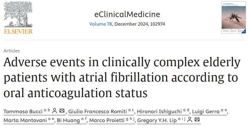 OAC discontinuation in Clinically Complex AF patients  is associated with
=🩸bleeding
+ 🫀MACE
+ ☠️Death
New approaches are urgently needed. 🔥Check it out on <a href="/eClinicalMed/">eClinicalMedicine – The Lancet Discovery Science</a> sciencedirect.com/science/articl… <a href="/LiverpoolCCS/">Liverpool Centre for Cardiovascular Science</a> <a href="/GiulioFRomiti/">Giulio Francesco Romiti</a> <a href="/MProiettiMD/">Marco Proietti MD PhD</a> <a href="/GerraLuigi/">Luigi Gerra</a> <a href="/MMantovaniMD/">Marta Mantovani</a>
