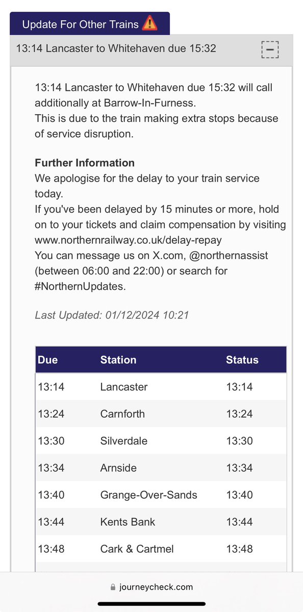 Matt ๐ณ๏ธโ๐ โฟ๏ธ (@tidaljunk) on Twitter photo Hello <a href="/northernassist/">NORTHERN ๐</a>
Mixed messages todayโฆ
FYI, Lancaster -> Whitehaven passenger services ALWAYS call at Barrow ๐
Some confusion between Northern website, Northern app and JourneyCheck website today.
And it seems no-one has told <a href="/RealtimeTrains/">Realtime Trains</a> what is going on either ๐ณ Hello <a href="/northernassist/">NORTHERN ๐</a>
Mixed messages todayโฆ
FYI, Lancaster -> Whitehaven passenger services ALWAYS call at Barrow ๐
Some confusion between Northern website, Northern app and JourneyCheck website today.
And it seems no-one has told <a href="/RealtimeTrains/">Realtime Trains</a> what is going on either ๐ณ