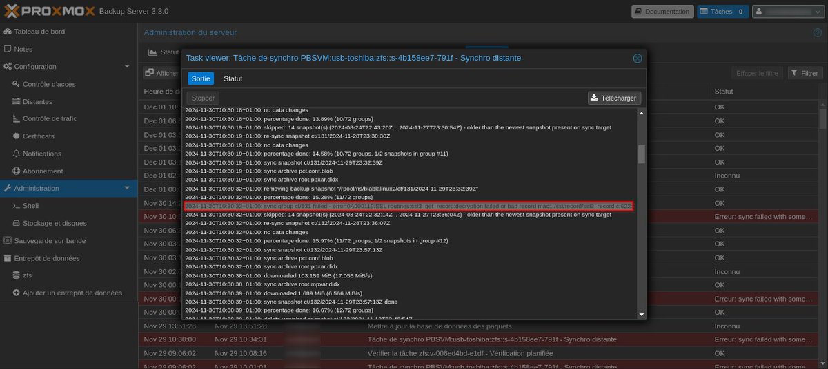 BlablaLinux's tweet image. error:0A000119:SSL routines:ssl3_get_record:

Depuis un moment, un des serveurs #Proxmox #Backup Server qui réalise chaque nuit une synchronisation en remote me donnait aléatoirement cette erreur sur une VM/CT😡

Problème réglé avec le changement du câble #RJ45, tout simplement😉