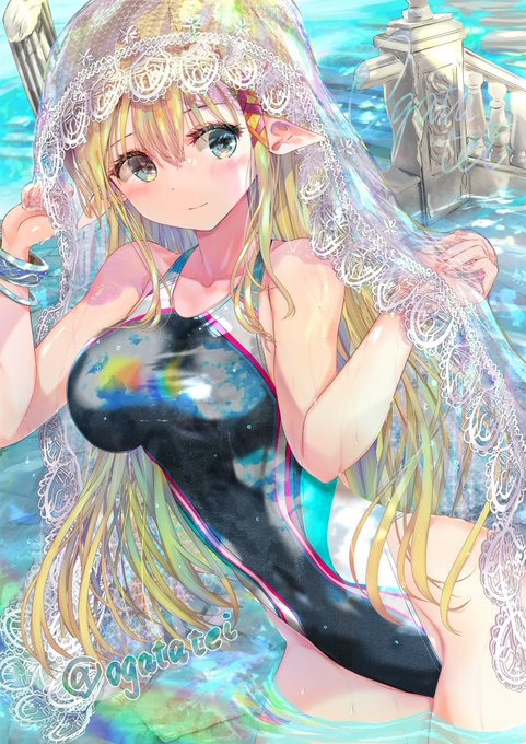 ウェディングヴェール×競泳水着×金髪エルフさん 