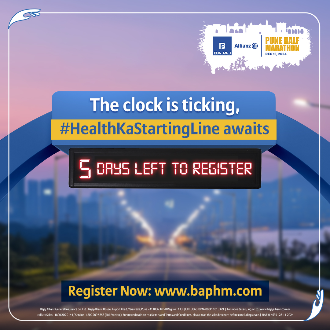 bajajgeneral's tweet photo. Time is running out - See you at #HealthKaStartingLine 👟
Register for the #BajajAllianzPuneHalfMarathon now🏃♀️🏃♂️
Last day to register: 5th December
Venue: Balewadi Stadium, Mahalunge, Balewadi, Pune
Date: December 15, 2024
Register Now: https://t.co/i9Jgwug0Ja
#CaringlyYours #ForwardKaroCare #BajajAllianzPuneHalfMarathon #BAPHM #Marathon #RegisterNow
