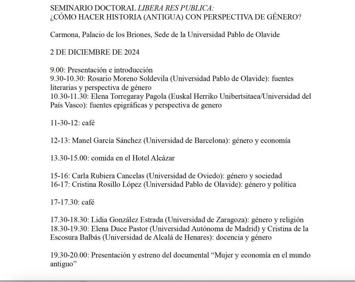 LordScribonius's tweet photo. Mañana la red Libera res publica y la @pablodeolavide organizan un seminario doctoral: "¿Cómo hacer historia antigua con perspectiva de género?" en @olavidecarmona . ¡Un placer acoger a doctorandos/as y especialistas para reflexionar sobre este tema! https://t.co/KNMp1QLcV1