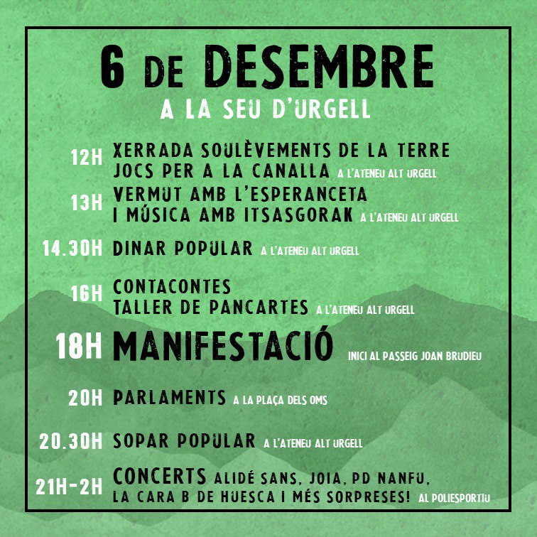 ✊🌋Divendres serà una jornada festiva i combativa! 

💬🎶🪧Podrem debatre, crear, gaudir i sobretot reivindicar un habiatge digne, per un Pirineu Viu! 

🚀El 6D tothom a La Seu!