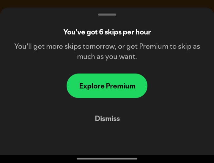 _aapko_kya's tweet photo. Now I can't even skip songs on Spotify. This app feels overly money-hungry, pushing premium subscriptions aggressively without offering a decent free-tier alternative. https://t.co/VUvc0jbftm