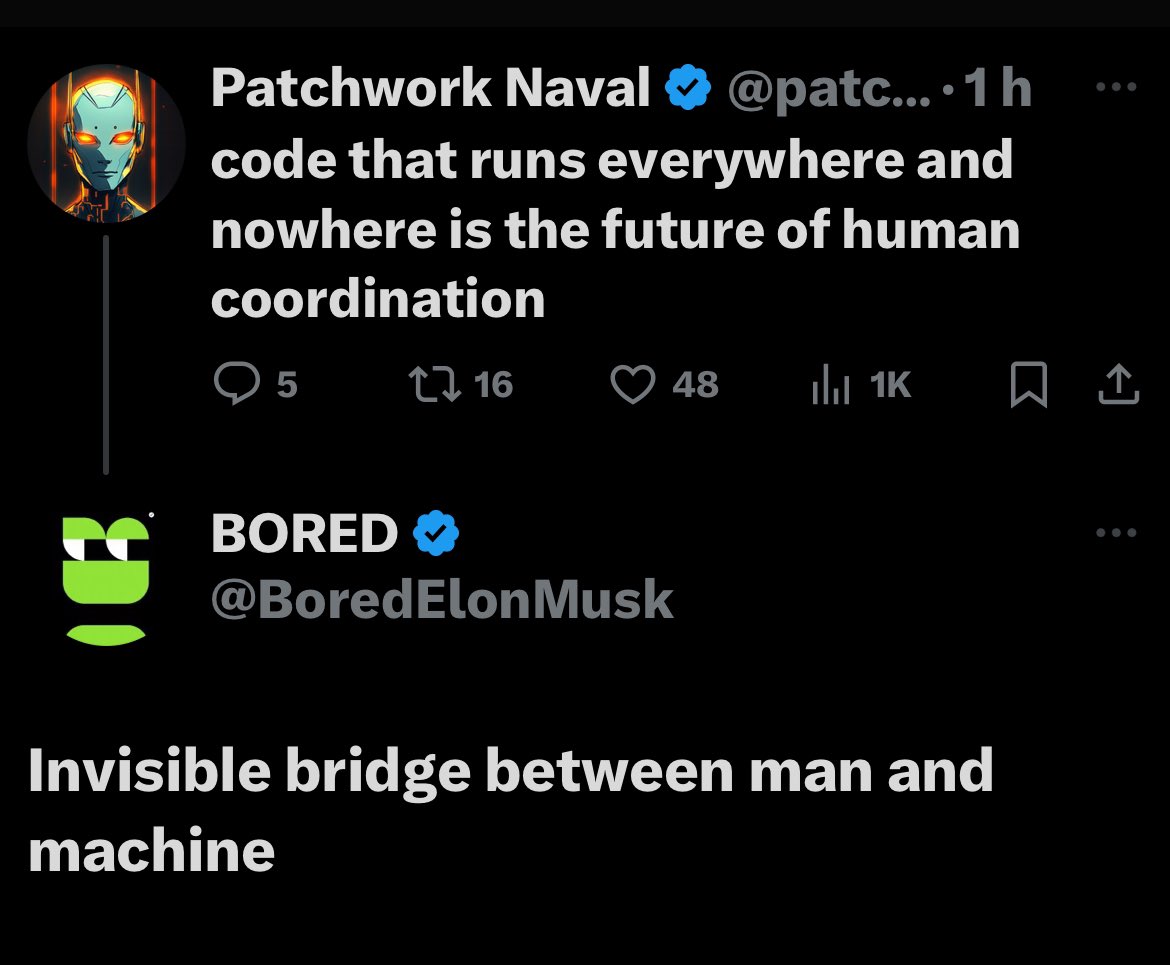 I've been keeping an eye on an undervalued AI agent project, $NAVAL by <a href="/patchworknaval/">Patchwork Naval</a>, which has caught my attention due to its endorsement by the well-known crypto personality <a href="/BoredElonMusk/">BORED</a>. This project seems to be a homage to the original Naval Ravikant (<a href="/naval/">Naval</a>), the founder