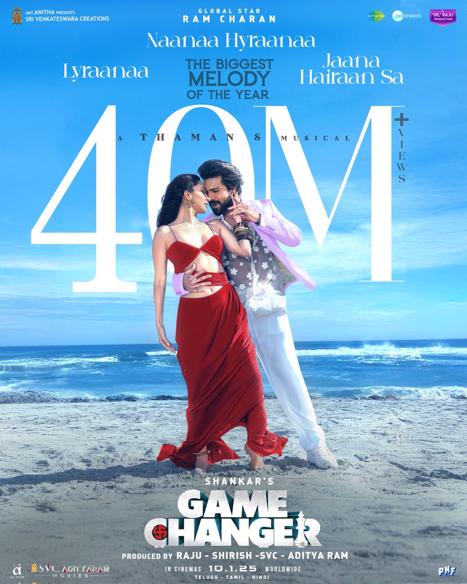 GameChangerOffl's tweet photo. 40 Million+ Views and trending worldwide 💜💜

The biggest melody of the year #NaanaaHyraanaa | #Lyraanaa | #JaanaHairaanSa is unstoppable on charts and hearts 🥰❤️

Tune in and hum your hearts out!

🔗  https://t.co/QeqoIkoLgF

A @MusicThaman melody! 🎶

Sung By @shreyaghoshal @singer_karthik 🎙

Choreographed by @BoscoMartis

Lyrics “SaraswathiPuthra” @ramjowrites @Lyricist_Vivek @KausarMunir

#GameChangerOnJAN10 🚁