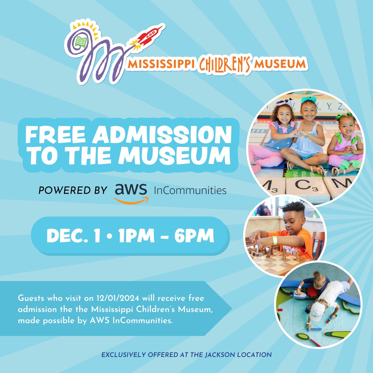 MSChildsMuseum's tweet image. Thanks to our generous sponsor, @awscloud, all guests who join us on Sunday, Dec. 1, 2024 will receive FREE admission to the museum! 🩵 Our Sunday operating hours are 1pm - 6pm. 

Event Calendar: ow.ly/3h2050Uh1Vc 🔗 | #AWSincommunities