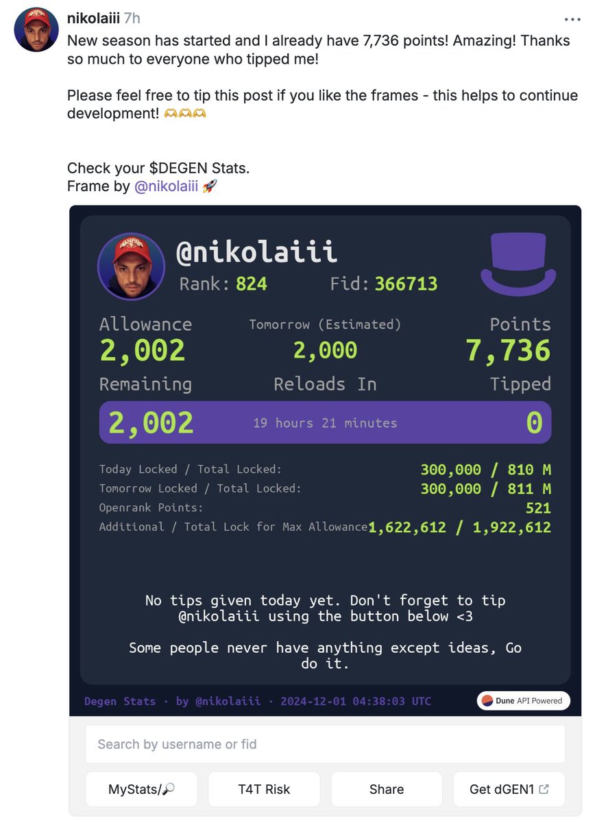🎄 Advent of Degen - Day 1 🎄 Let’s kick off the season by honoring a legend! Today we’re tipping our $DEGEN MVP, the GOAT frame builder, nikolaiii on <a href="/warpcast_/">Warpcast</a>! Show some degen love by dropping tips in the cast below. 👇

warpcast.com/nikolaiii/0x0b…