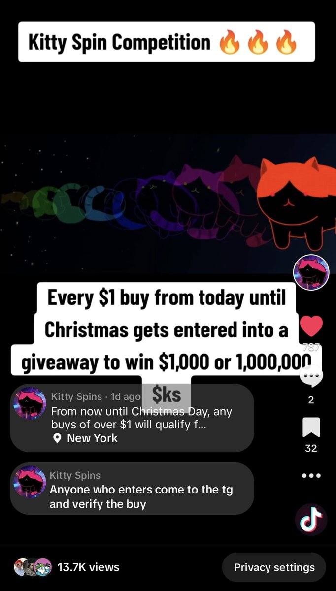 Cobblerja's tweet photo. Nearly 14k views on the @KittySpinning tiktok giveaway post. Not one person has come verified their buy in the tg though to be eligible 🤯

I'm putting up $1k or 1m $ks whichever is worth more, out of my own pocket to try push the project. 

Its a great meme, solid community, it's bottomed out ATM but we are working hard to push it back up to ath and onwards. 

It's gta be worth a $1 buy for the chance to win $1k for Christmas, especially with the Solana people throw away on rugs daily.