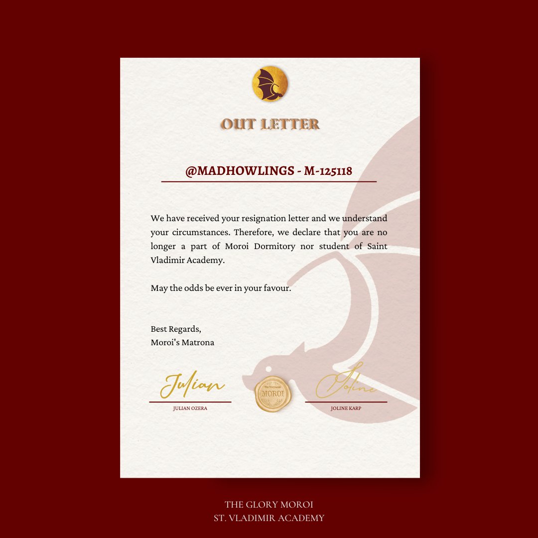 ㅤ  

𝐎𝐔𝐓 𝐋𝐄𝐓𝐓𝐄𝐑 
Issued on December 1.   

Dearest, @MADHOWLINGS —  M-125118 

Take care and have a great life ahead.   

Cc: <a href="/VladimirAcademy/">Vladimir Academy</a> <a href="/VNA_Nation/">VNA NATION</a> <a href="/VladimirDatum/">𝐃𝐚𝐭𝐮𝐦</a> <a href="/Sir_JOzera/">Jo.</a> <a href="/Ms_JKarp/">Joline.</a> <a href="/attrazt/">Kafka.</a> <a href="/noctimoan/">Yudo</a> <a href="/nitnous/">Ale.</a> <a href="/ideazs/">wa only</a> 

ㅤ