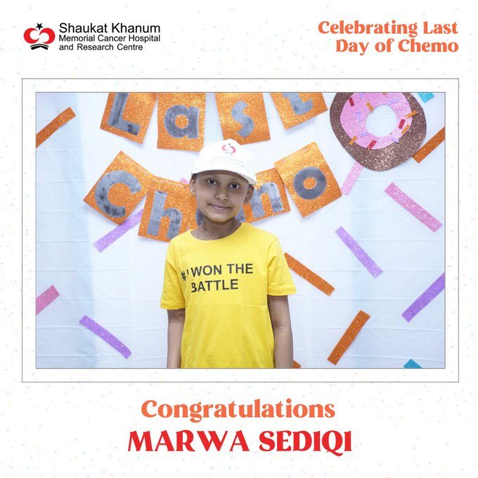 Fat9T's tweet photo. 9 year old Marwa Sediqi from Kabul, Afghanistan, celebrates the conclusion of her last chemotherapy treatment at Shaukat Khanum Hospital, Lahore.
Support our sponsor a cancer patient programme: https://t.co/I8ucW3PQhf
#LastChemo #CancerIsCurable #HumansOfShaukatKhanum #SKMCH https://t.co/kAAUpKYTvd